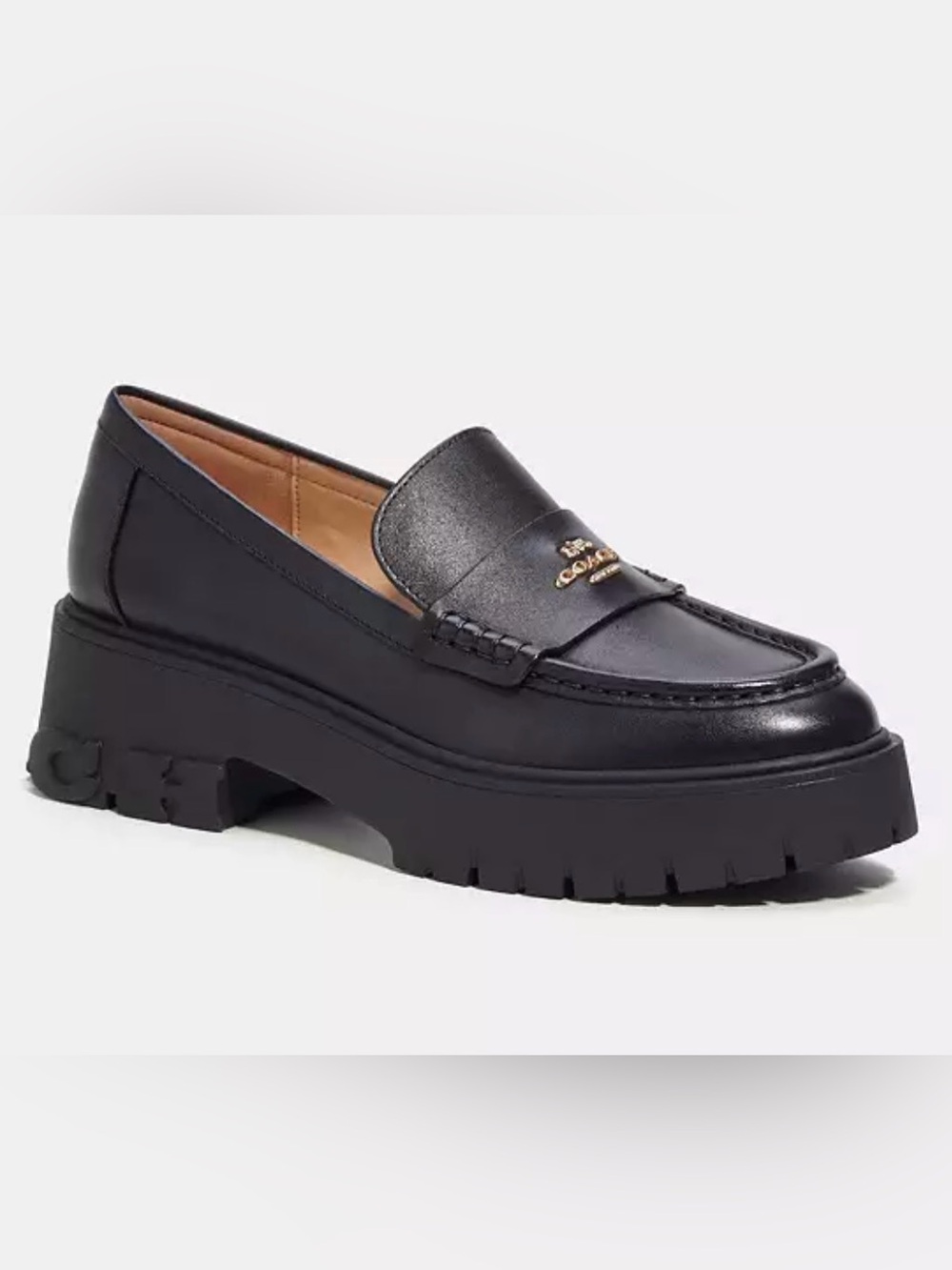 Coach Ruthie Black Leather Chunky Lug Sole Platform Loafers Size 9B